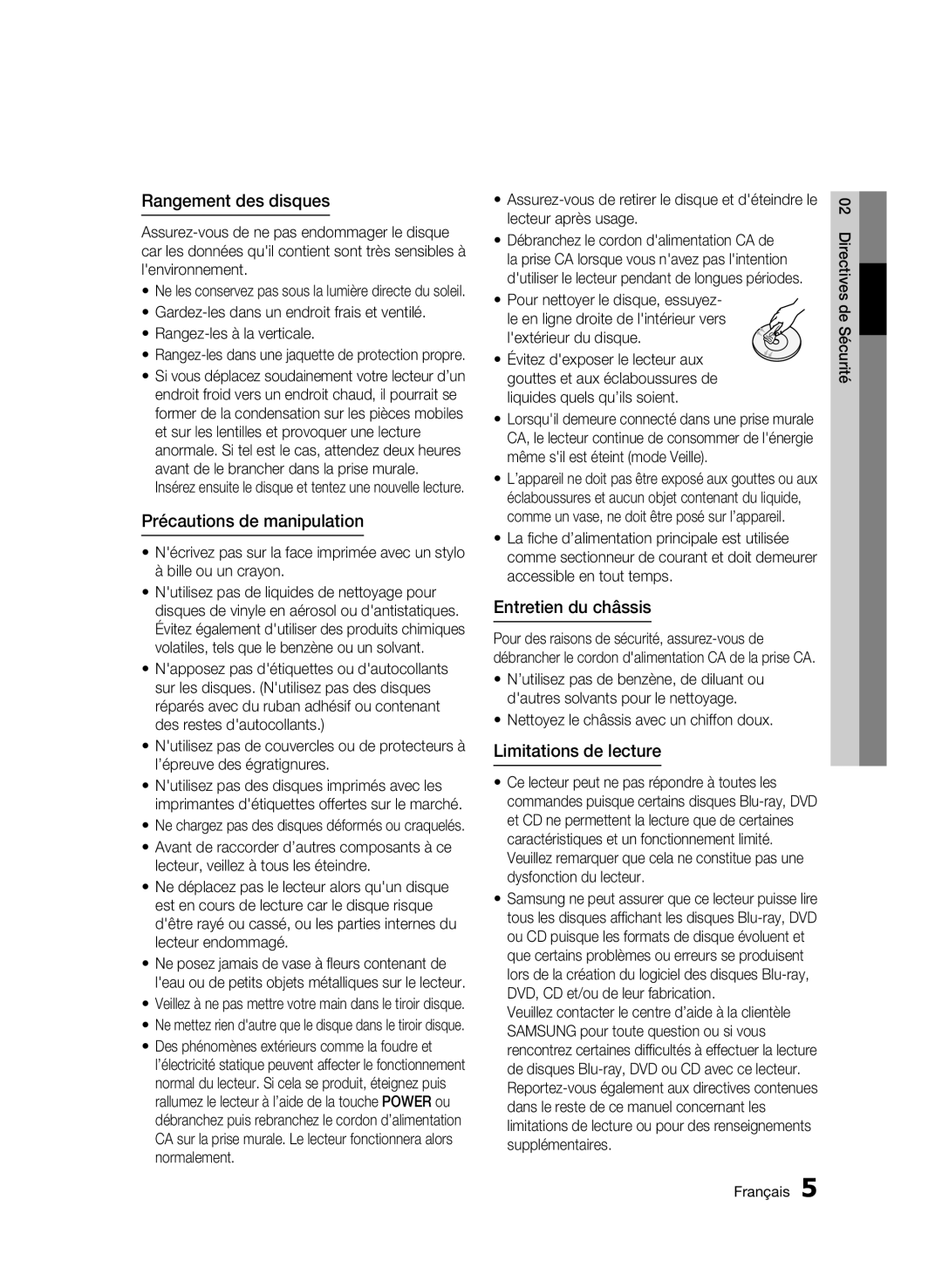 Samsung 01945B-BD-C6900-XAC-0223 user manual Rangement des disques, Précautions de manipulation, Entretien du châssis 