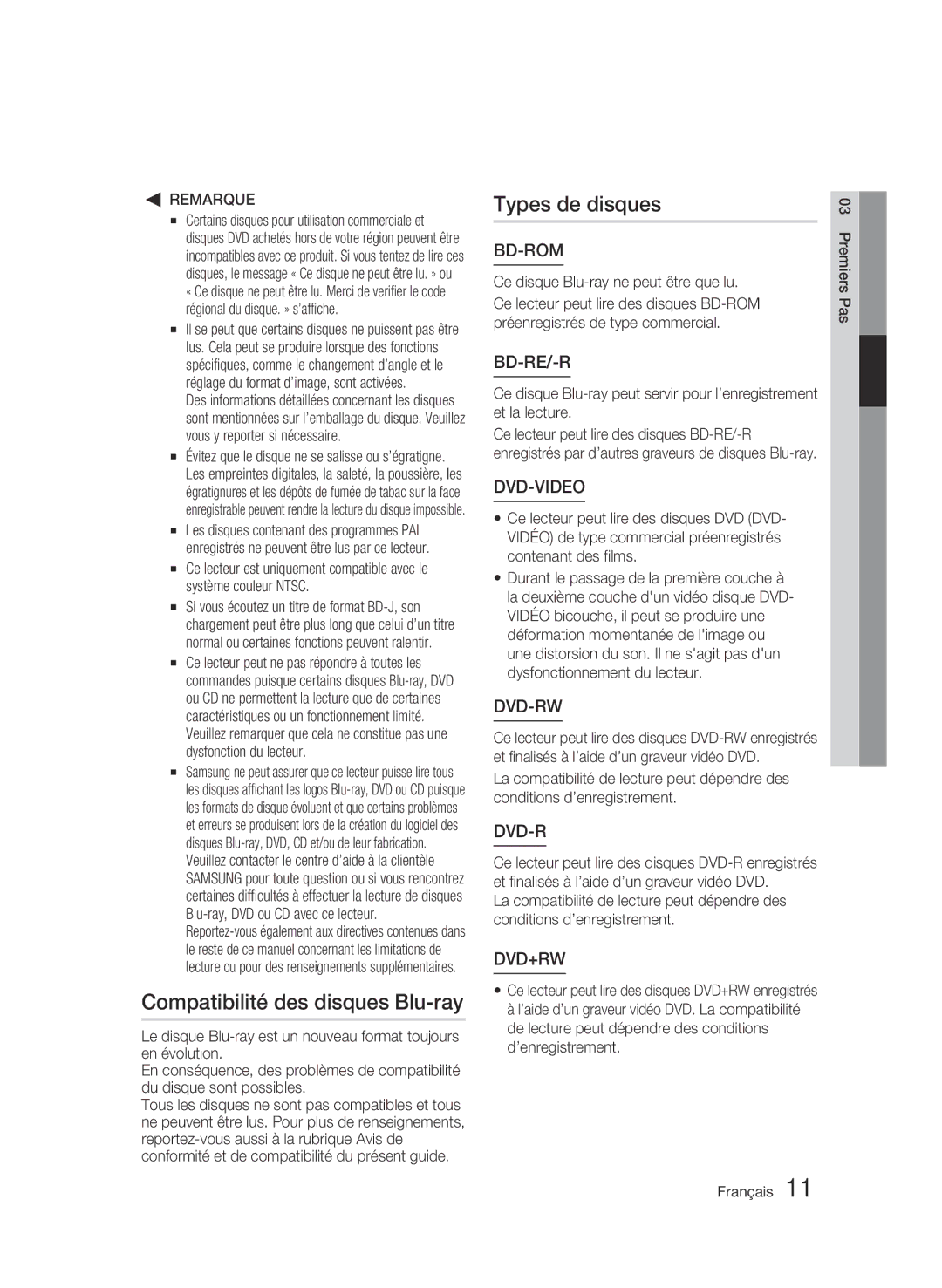 Samsung 01945B-BD-C6900-XAC-0223 user manual Compatibilité des disques Blu-ray, Types de disques 