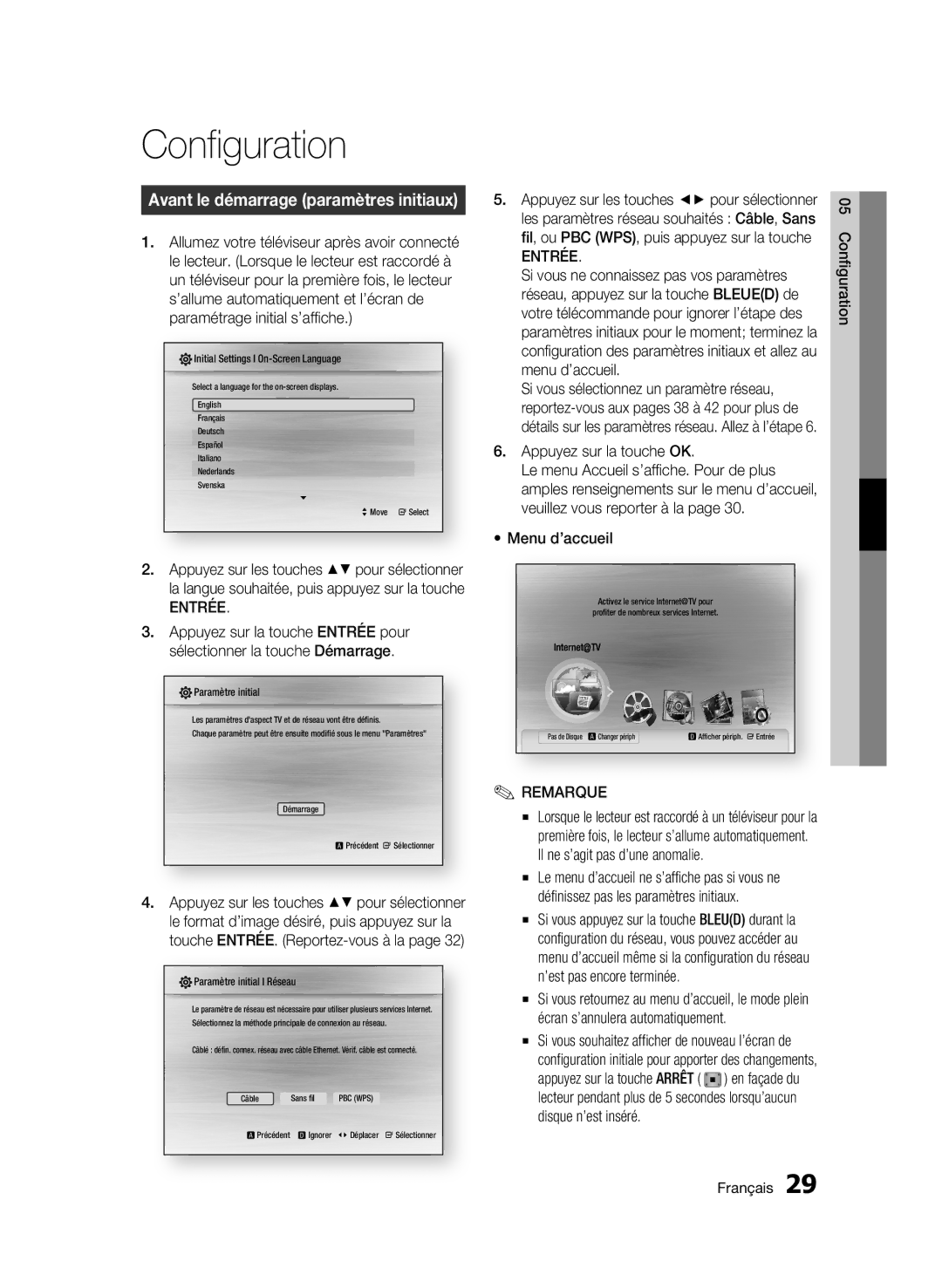 Samsung 01945B-BD-C6900-XAC-0223 user manual Configuration, Avant le démarrage paramètres initiaux, Entrée 