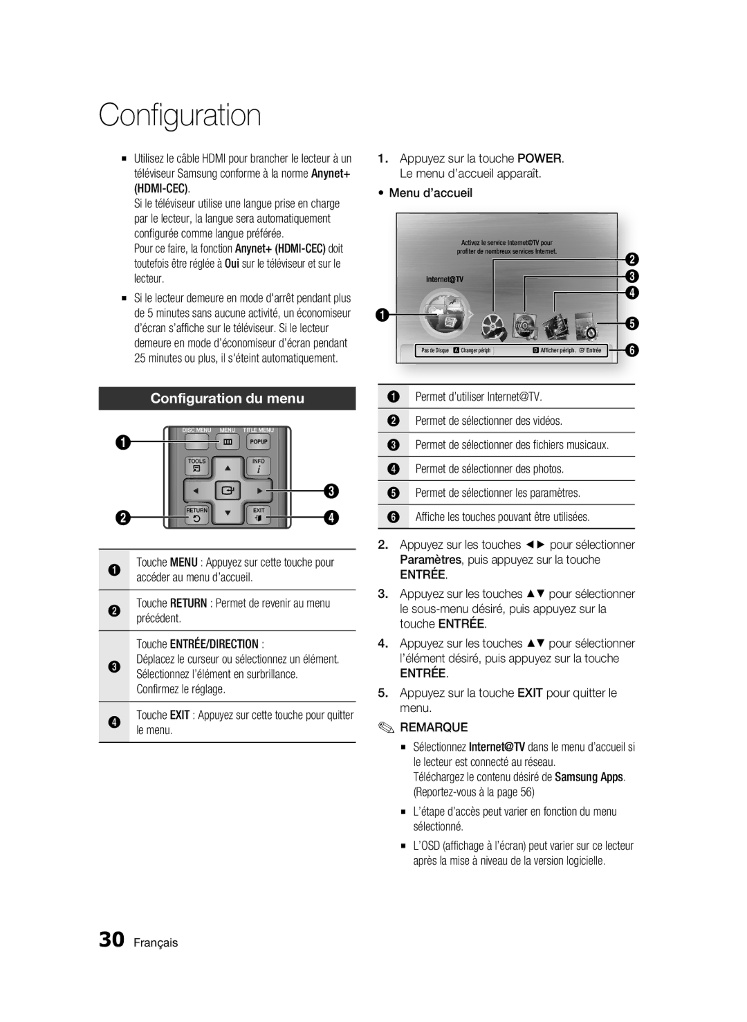 Samsung 01945B-BD-C6900-XAC-0223 user manual Configuration du menu 