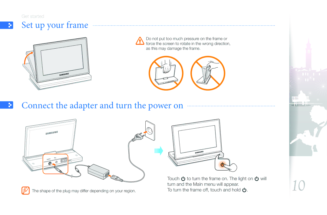 Samsung 1000P user manual Set up your frame, Connect the adapter and turn the power on 