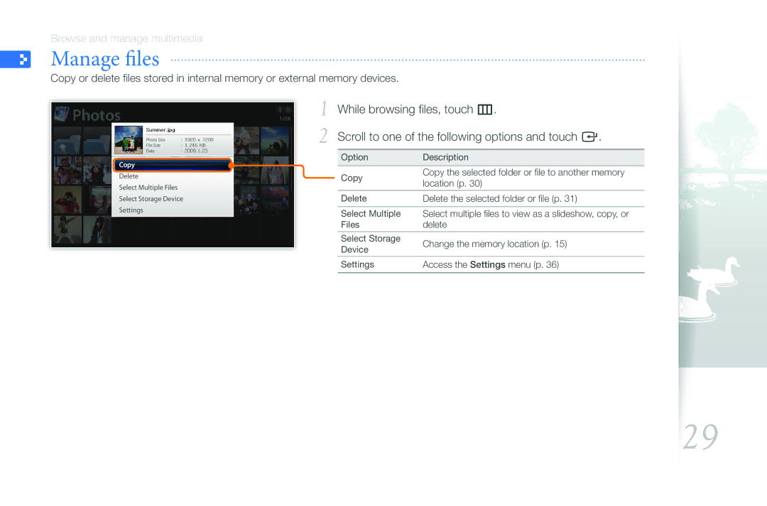 Samsung 1000P user manual Manage files, Photos 