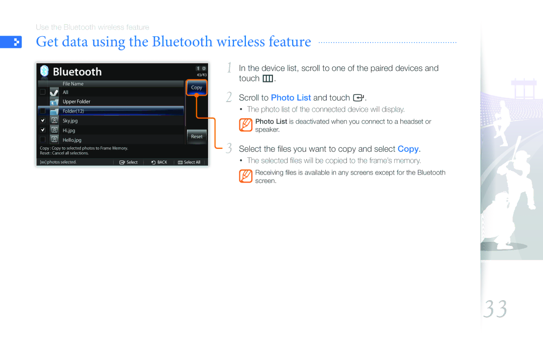 Samsung 1000P user manual Get data using the Bluetooth wireless feature, Scroll to Photo List and touch e 