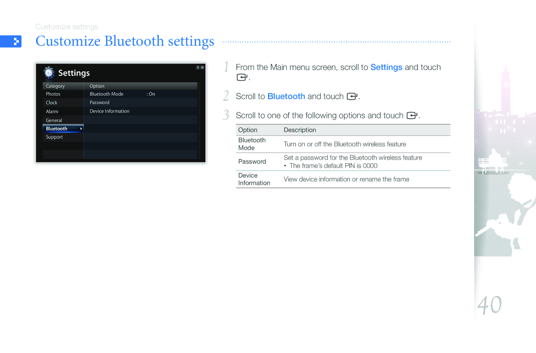 Samsung 1000P user manual Customize Bluetooth settings, Scroll to Bluetooth and touch e 