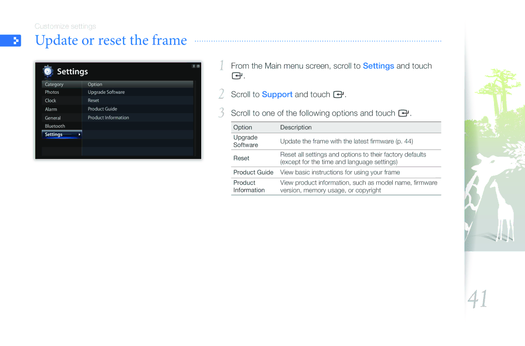 Samsung 1000P user manual Update or reset the frame 