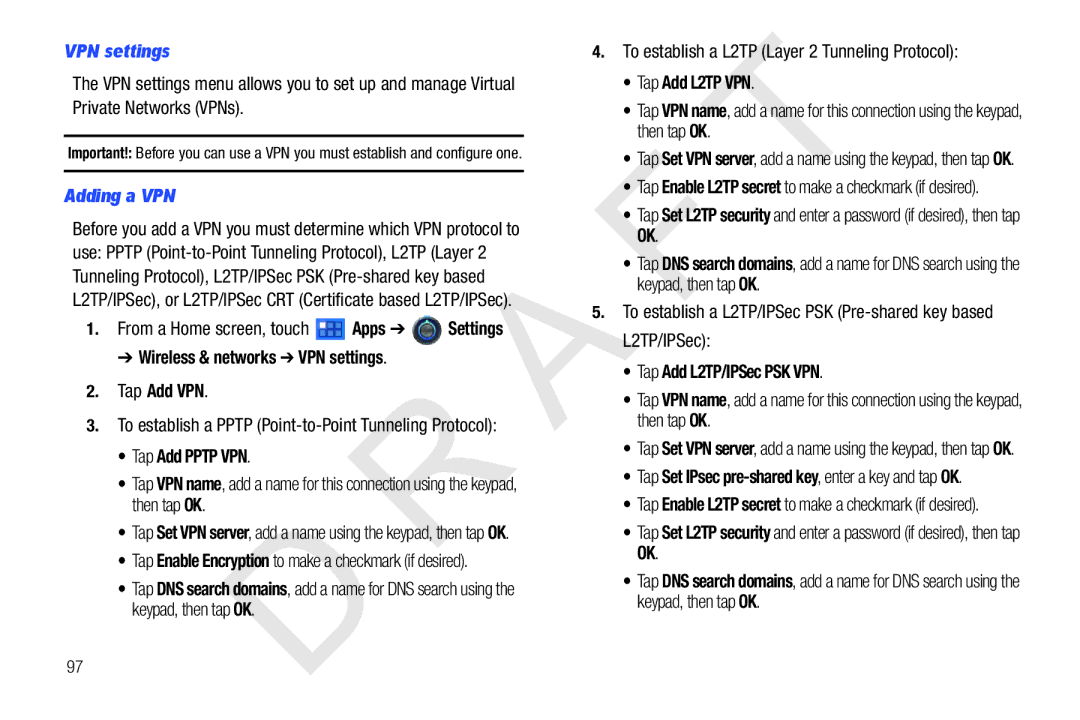 Samsung 10.1 user manual VPN settings, Adding a VPN 