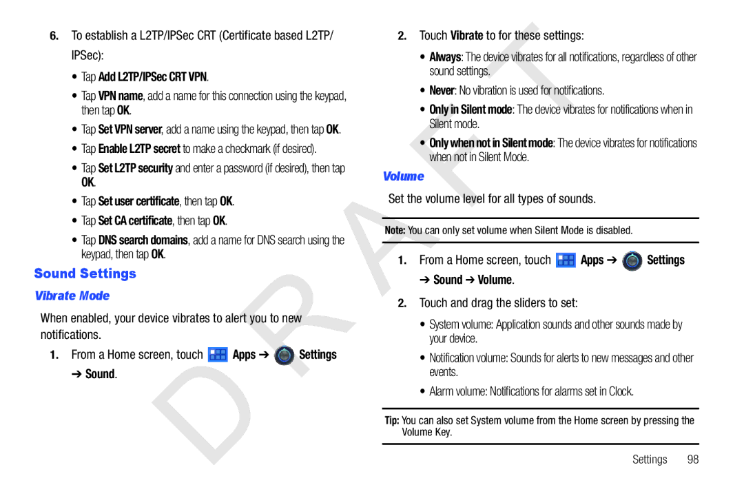 Samsung 10.1 user manual Sound Settings, Tap Add L2TP/IPSec CRT VPN, Vibrate Mode, Volume 