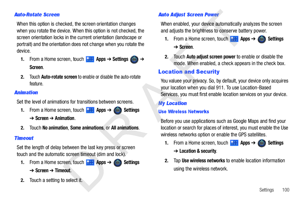 Samsung 10.1 user manual Location and Security 