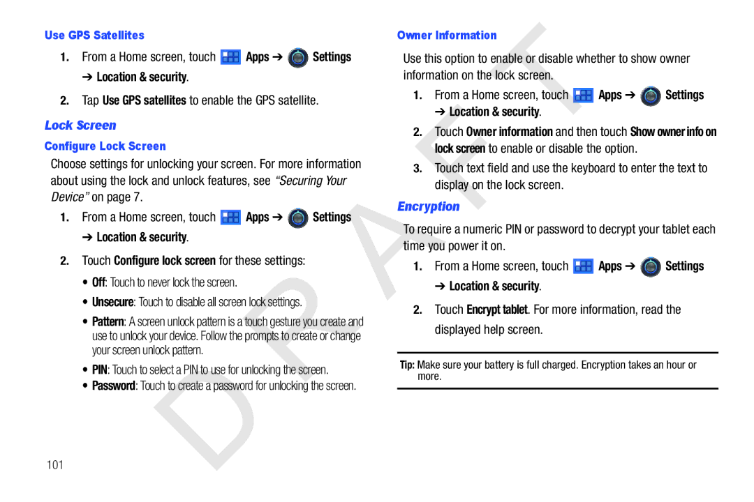 Samsung 10.1 user manual Encryption, Use GPS Satellites, Configure Lock Screen, Owner Information 