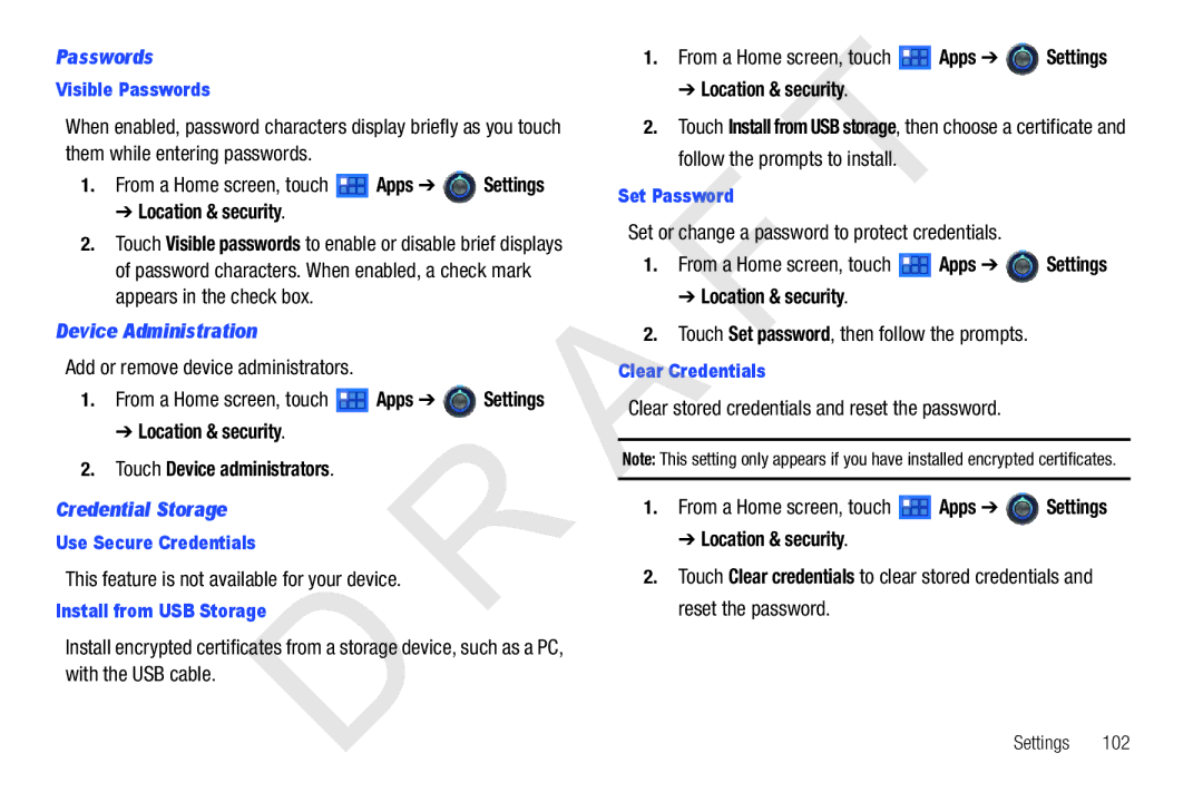 Samsung 10.1 Passwords, Device Administration, Location & security Touch Device administrators, Credential Storage 