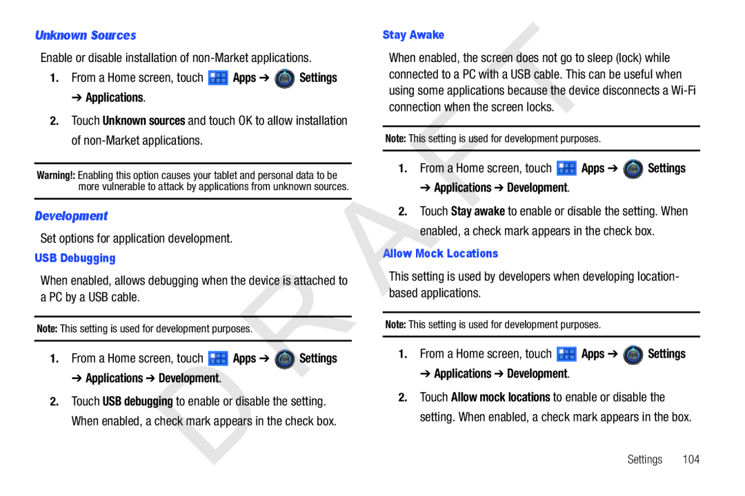 Samsung 10.1 user manual Unknown Sources, Set options for application development, Applications Development 