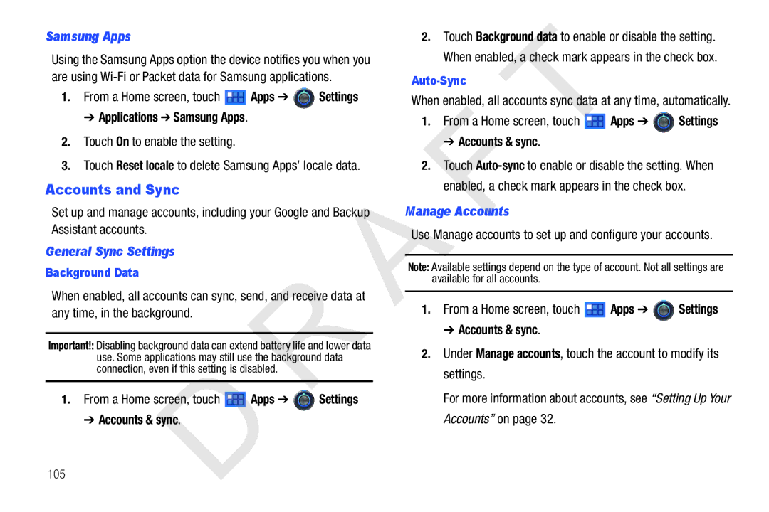 Samsung 10.1 user manual Accounts and Sync, Samsung Apps, General Sync Settings, Manage Accounts 