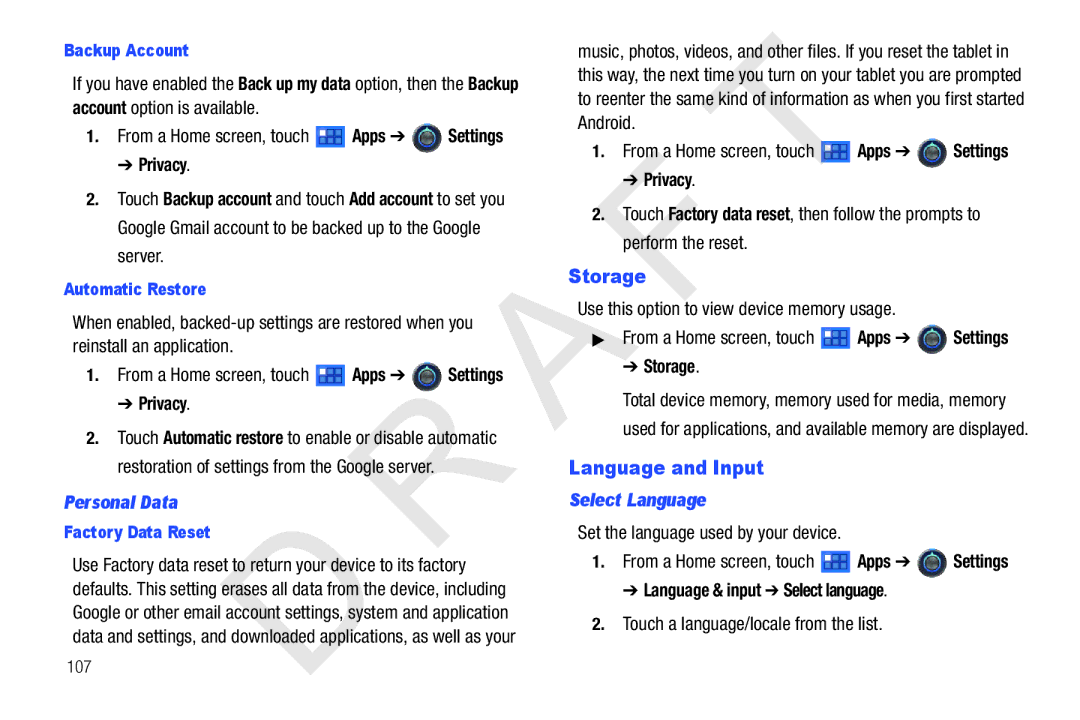 Samsung 10.1 user manual Storage, Language and Input, Personal Data, Select Language 