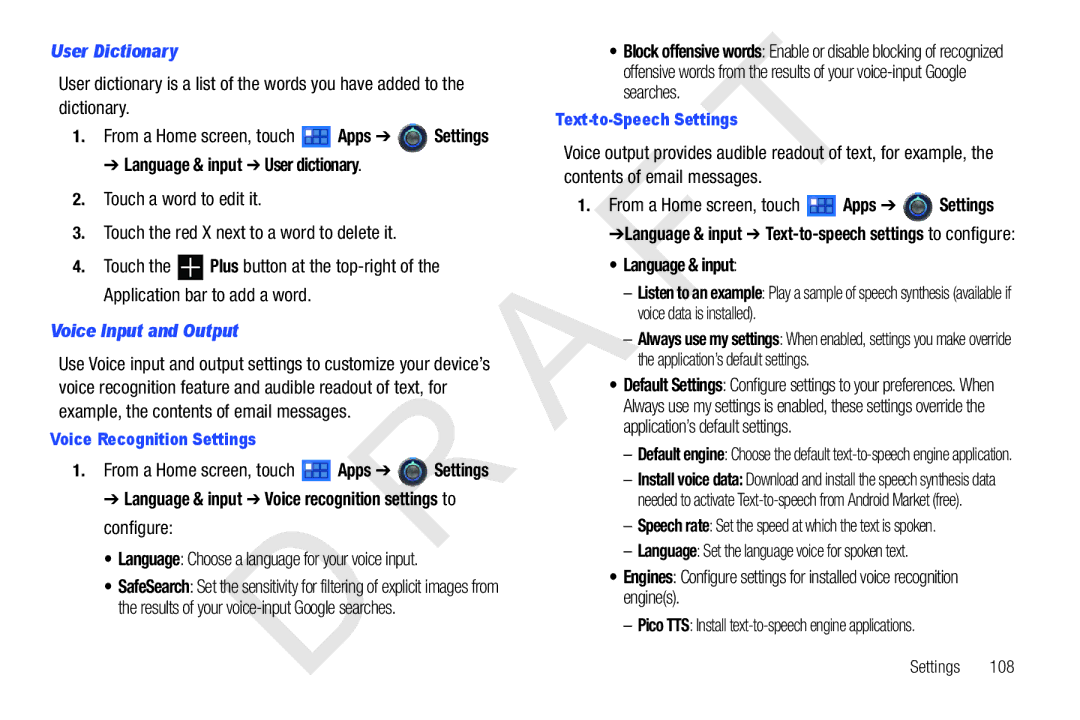 Samsung 10.1 user manual User Dictionary, Language & input User dictionary, Voice Input and Output 