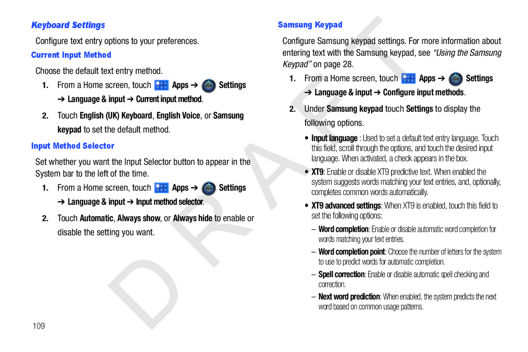 Samsung 10.1 Keyboard Settings, Configure text entry options to your preferences, Choose the default text entry method 