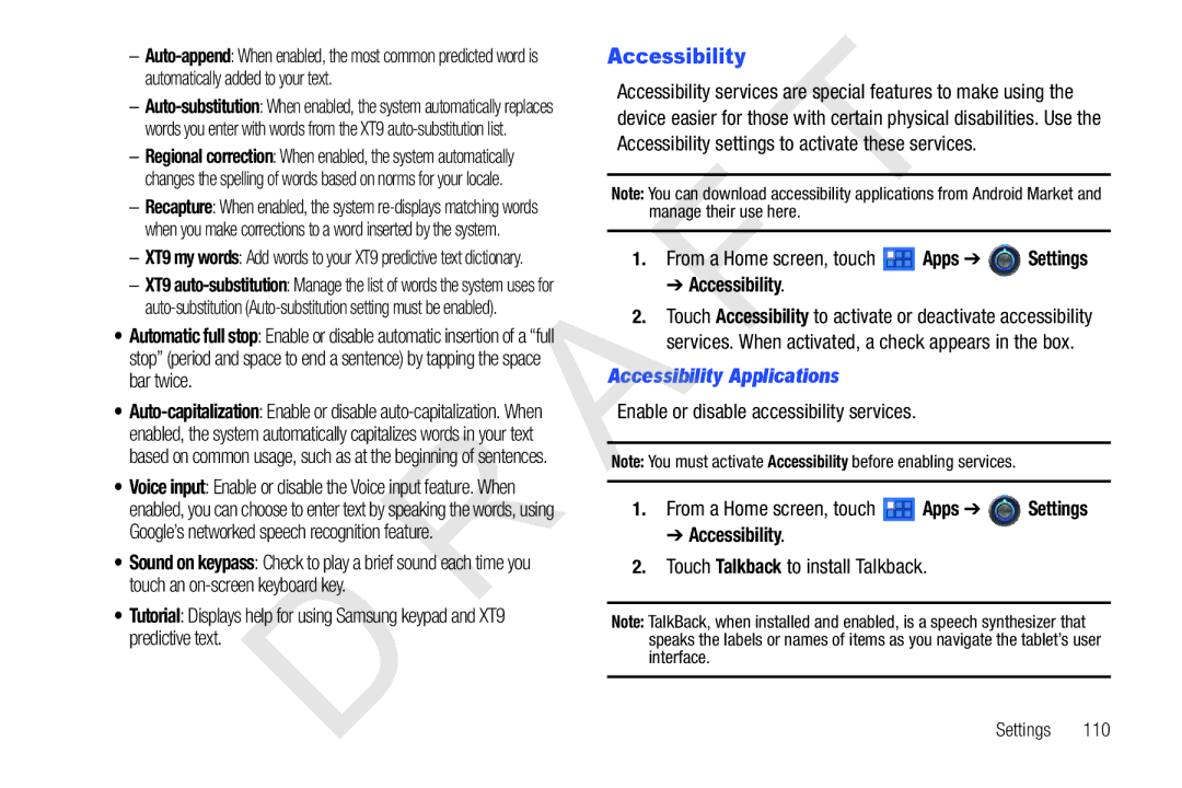 Samsung 10.1 user manual Accessibility, Ccessibility Applications, Touch Talkback to install Talkback 