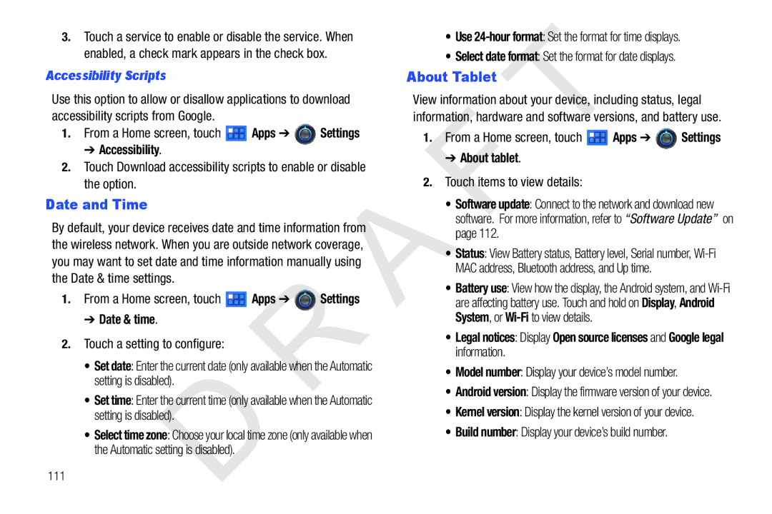 Samsung 10.1 user manual Date and Time, About Tablet, Accessibility Scripts, Date & time, About tablet 