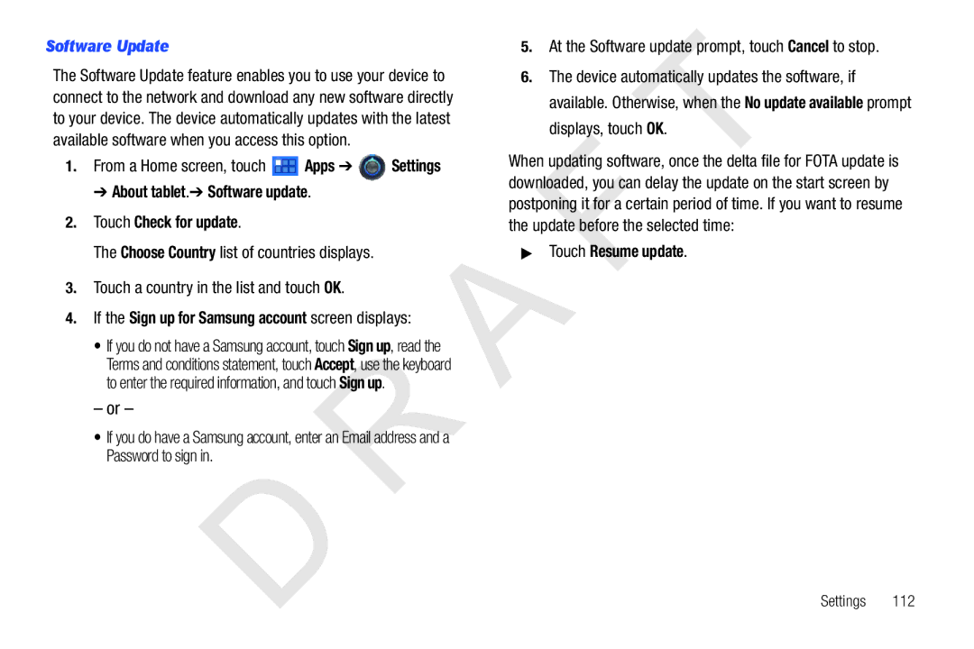 Samsung 10.1 user manual Software Update, About tablet. Software update Touch Check for update, Touch Resume update 