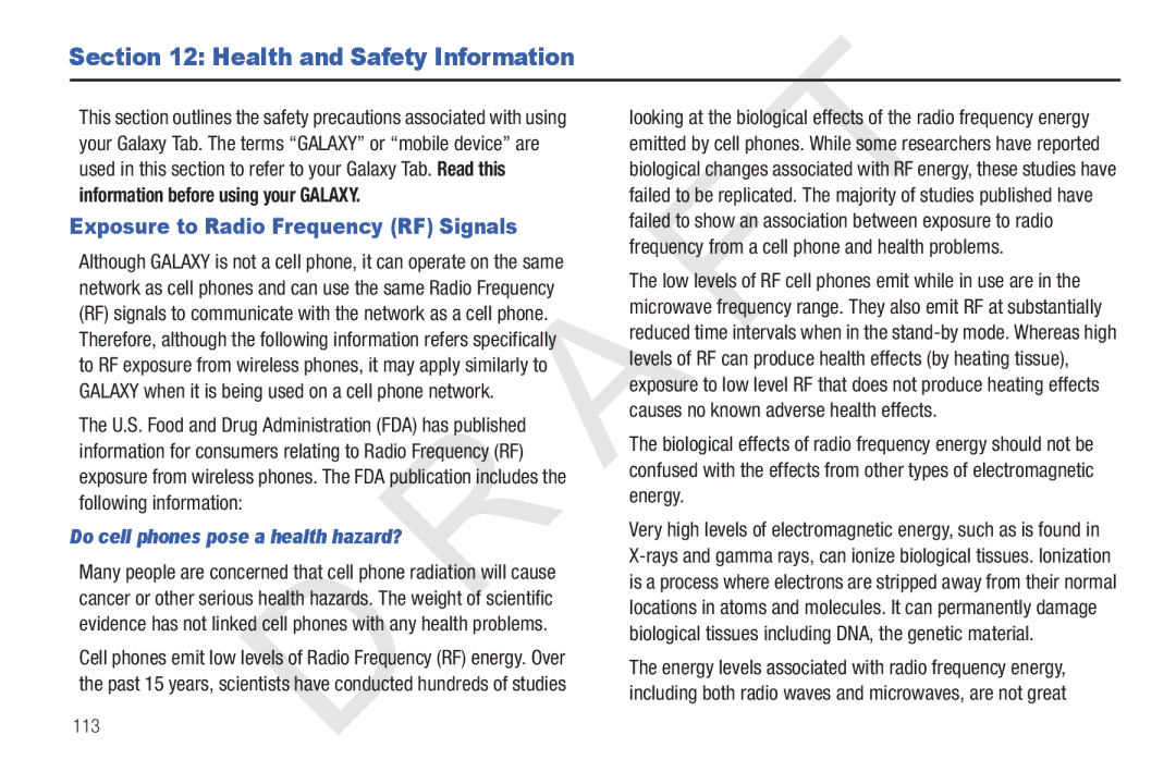 Samsung 10.1 Health and Safety Information, Exposure to Radio Frequency RF Signals, Information before using your Galaxy 