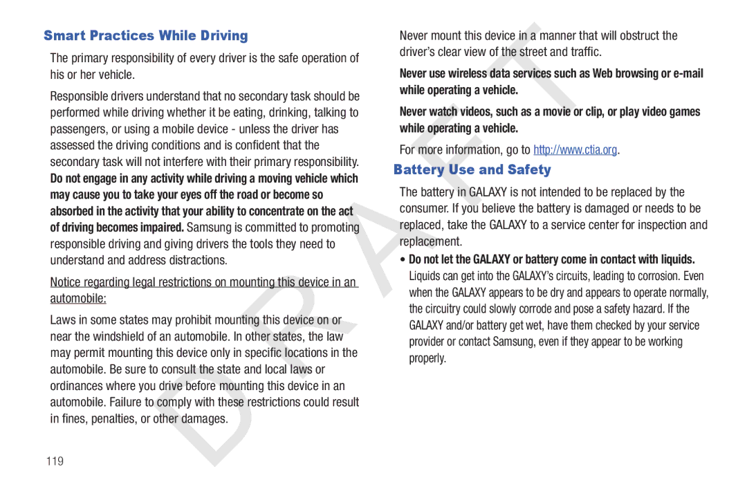 Samsung 10.1 user manual Smart Practices While Driving, Battery Use and Safety 