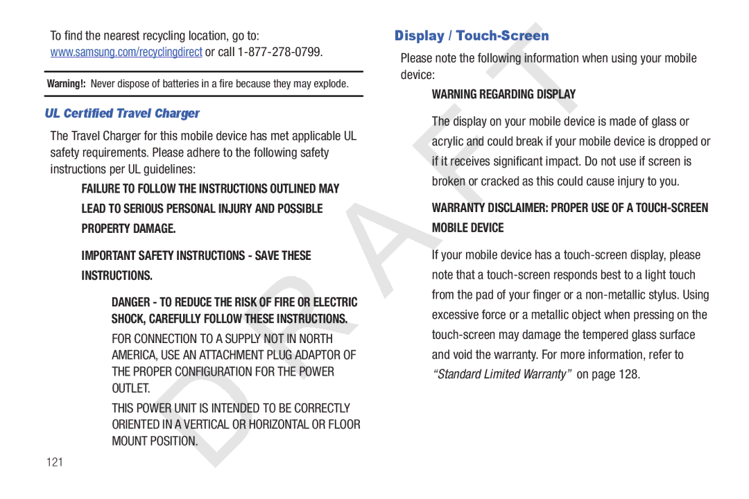 Samsung 10.1 user manual Display / Touch-Screen, UL Certified Travel Charger, Instructions per UL guidelines 