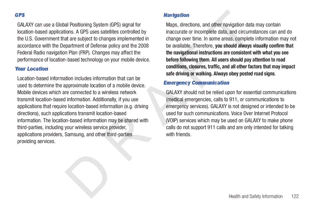 Samsung 10.1 user manual Your Location, Navigation, Emergency Communication, 122 