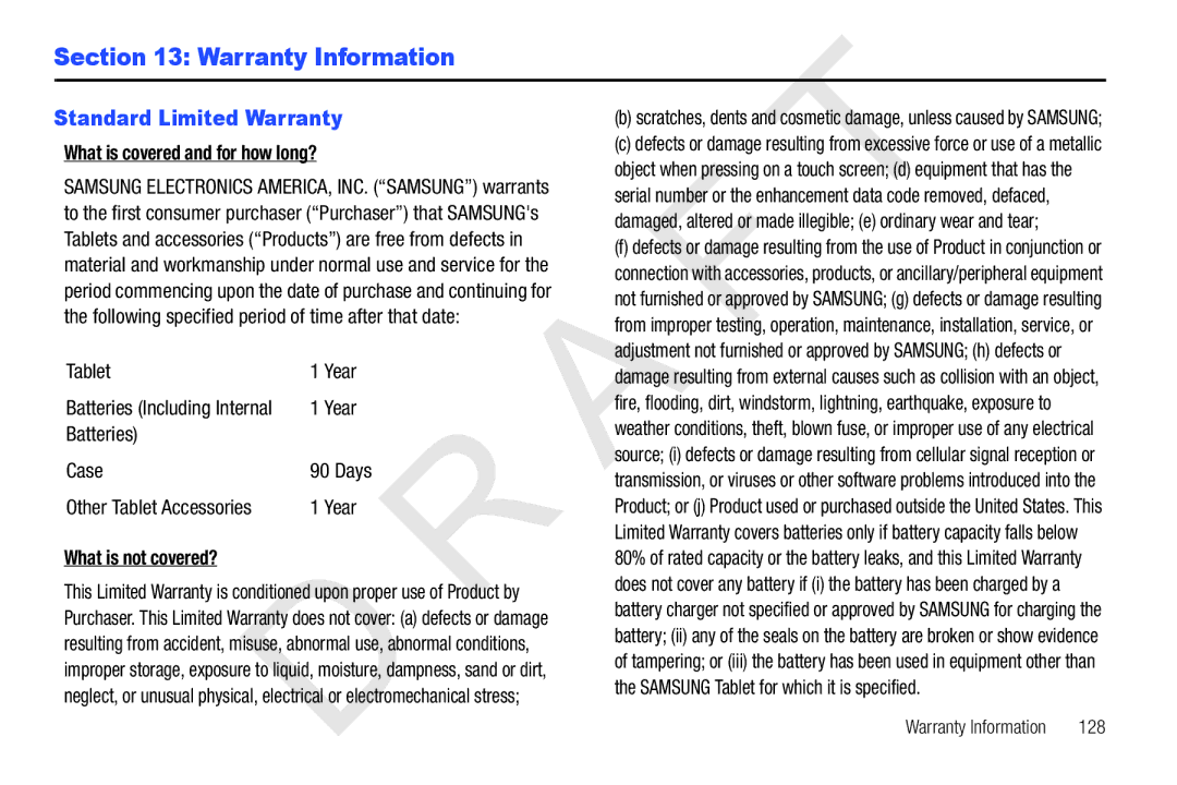 Samsung 10.1 Warranty Information, Standard Limited Warranty, What is covered and for how long?, What is not covered? 