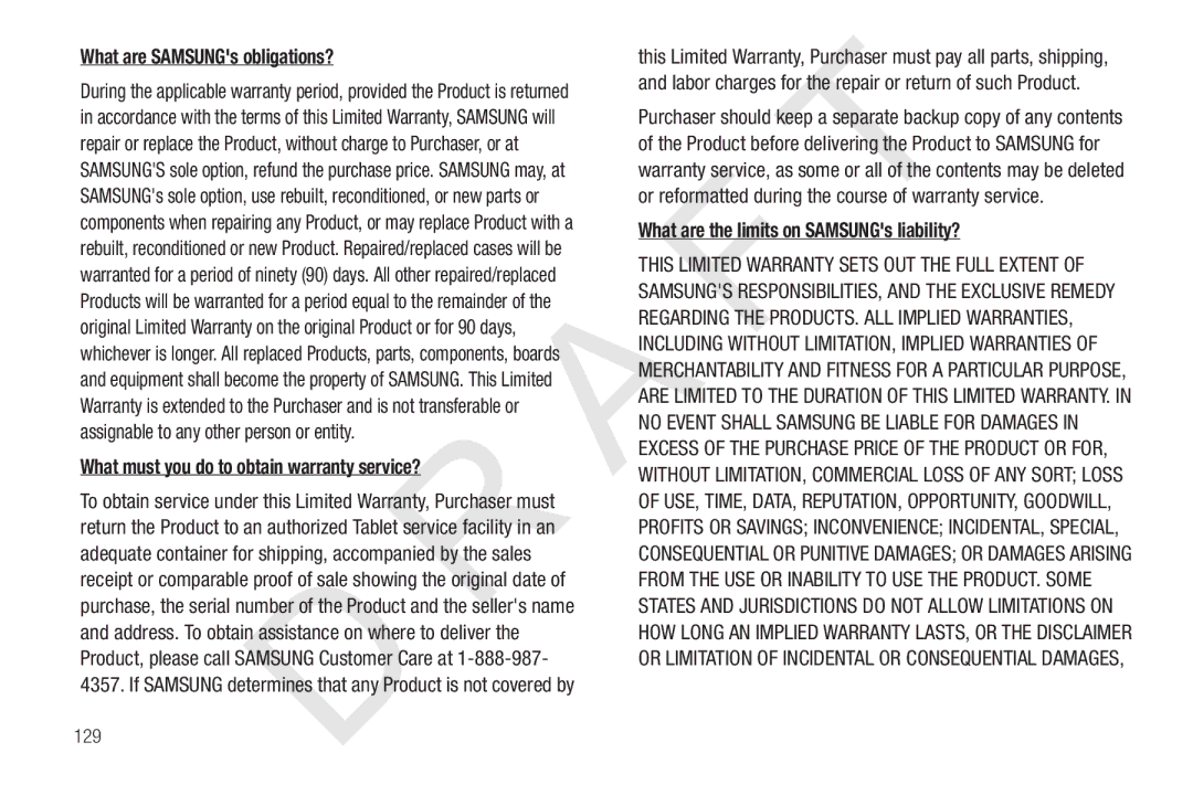 Samsung 10.1 user manual What are SAMSUNGs obligations?, What must you do to obtain warranty service?, 129 