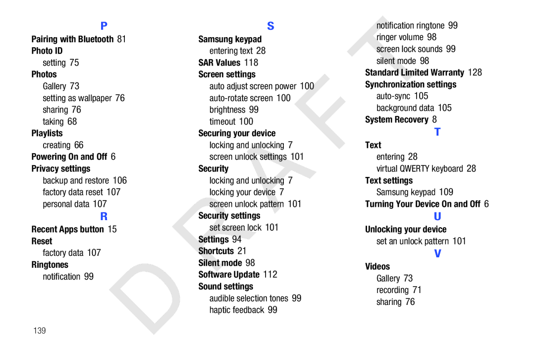 Samsung 10.1 Pairing with Bluetooth Samsung keypad Photo ID, SAR Values, Photos Screen settings, System Recovery Playlists 