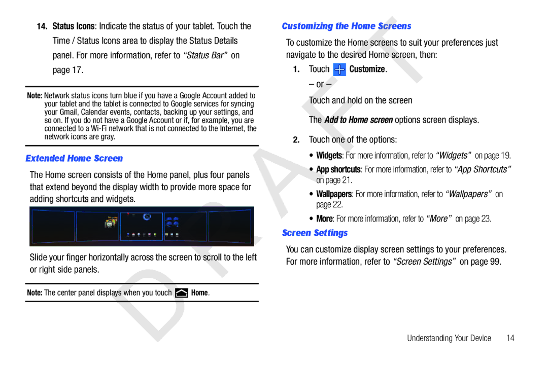 Samsung 10.1 user manual Extended Home Screen, Customizing the Home Screens, Touch Customize, Screen Settings 