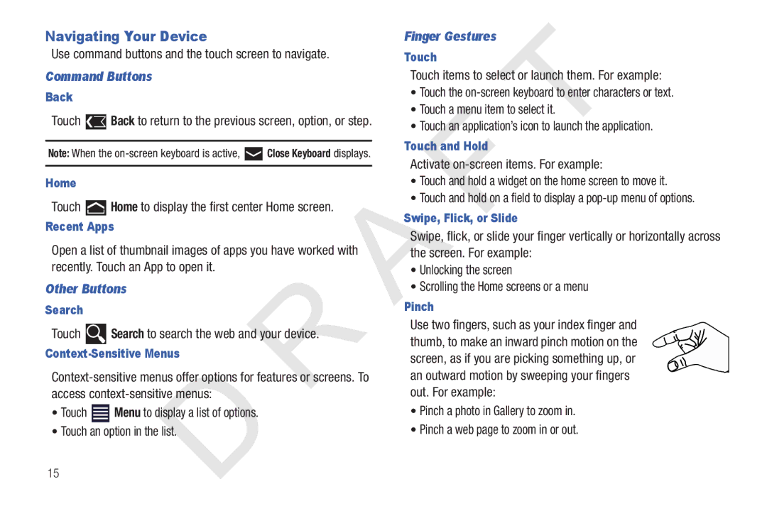 Samsung 10.1 user manual Navigating Your Device, Command Buttons, Other Buttons, Finger Gestures 