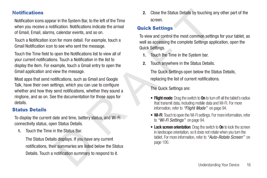 Samsung 10.1 user manual Notifications, Status Details, Quick Settings are 