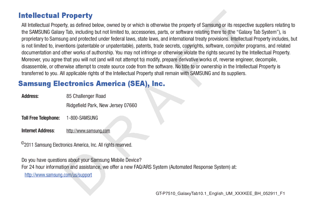 Samsung 10.1 user manual Address, Challenger Road, Samsung 