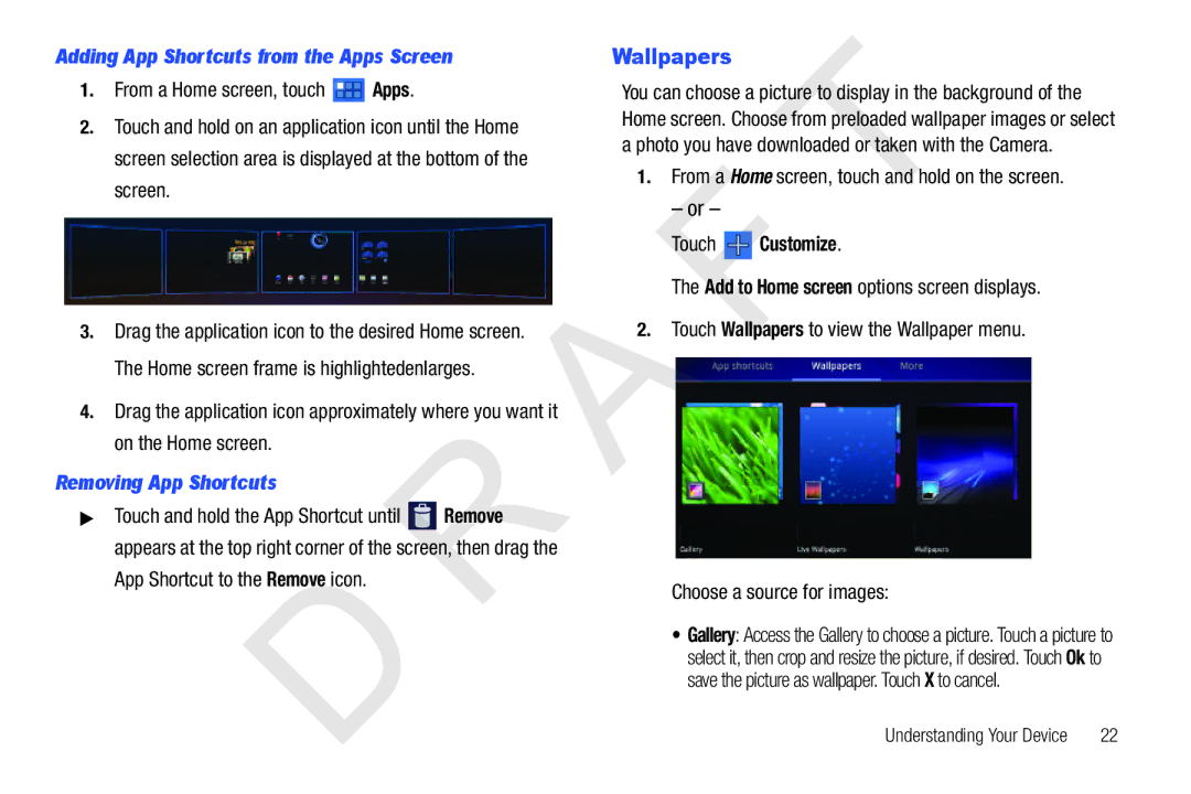 Samsung 10.1 user manual Wallpapers, Adding App Shortcuts from the Apps Screen, Removing App Shortcuts 