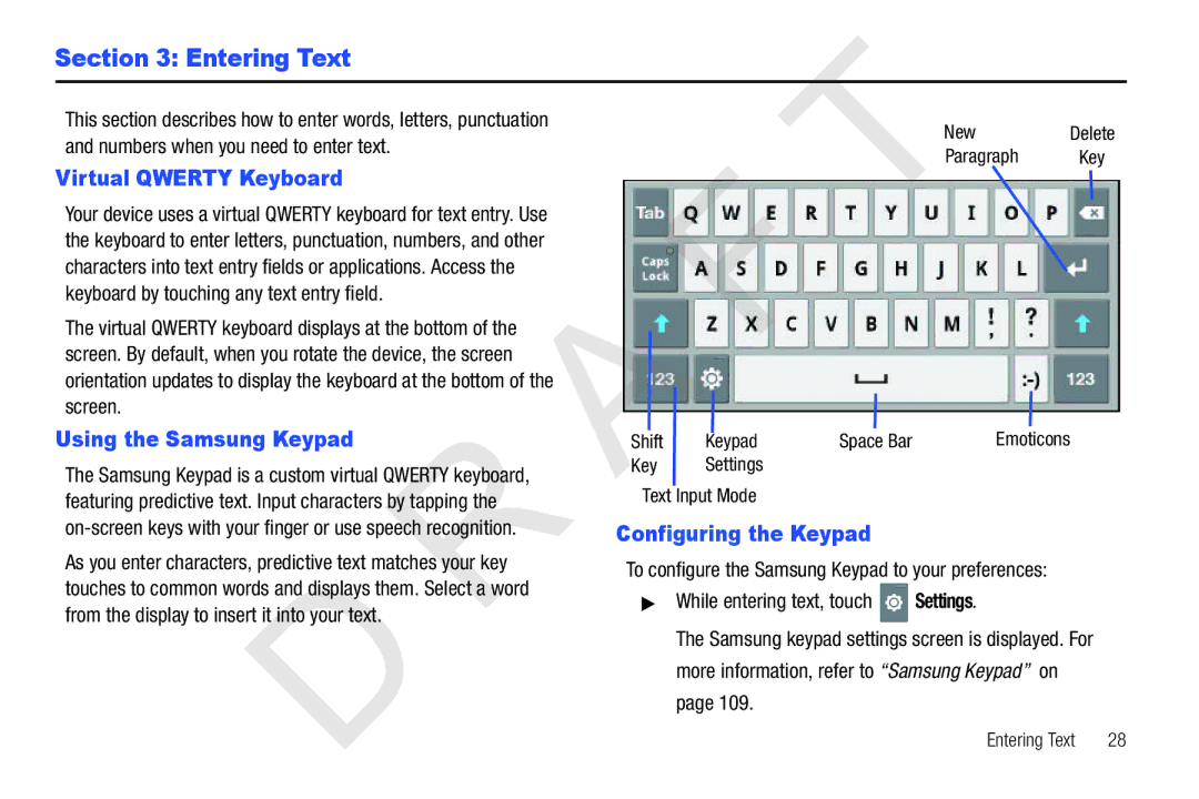 Samsung 10.1 user manual Entering Text, Virtual Qwerty Keyboard, Configuring the Keypad, Key Settings Text Input Mode 