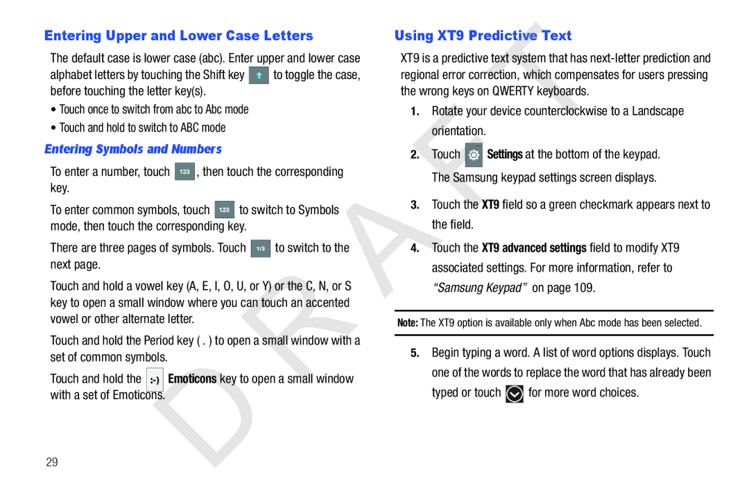 Samsung 10.1 user manual Entering Upper and Lower Case Letters, Using XT9 Predictive Text, Entering Symbols and Numbers 