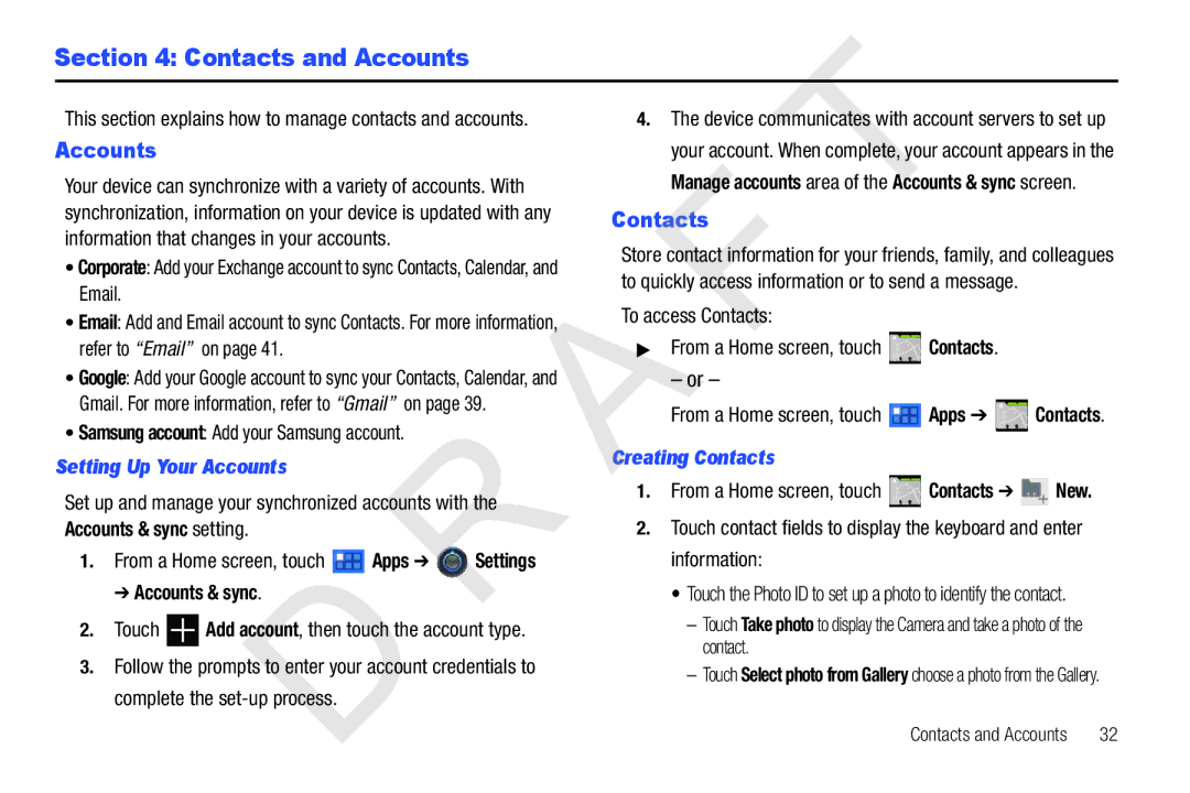 Samsung 10.1 user manual Contacts and Accounts, Setting Up Your Accounts, Creating Contacts 