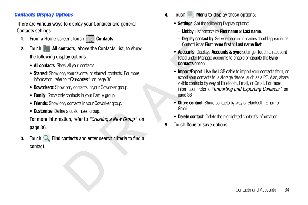 Samsung 10.1 Contacts Display Options, Family Show only contacts in your Family group, Touch Done to save options 