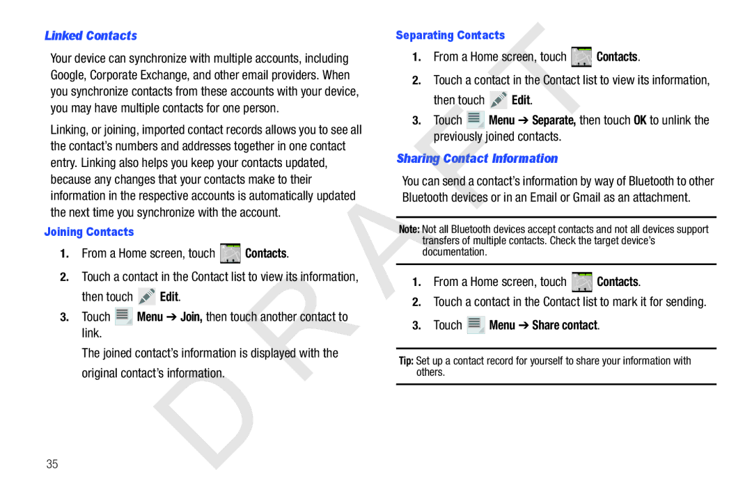 Samsung 10.1 Linked Contacts, Sharing Contact Information, Touch Menu Share contact, Joining Contacts, Separating Contacts 