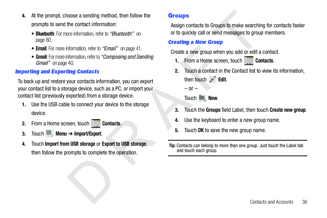 Samsung 10.1 user manual Groups, Importing and Exporting Contacts, Menu Import/Export, Creating a New Group 