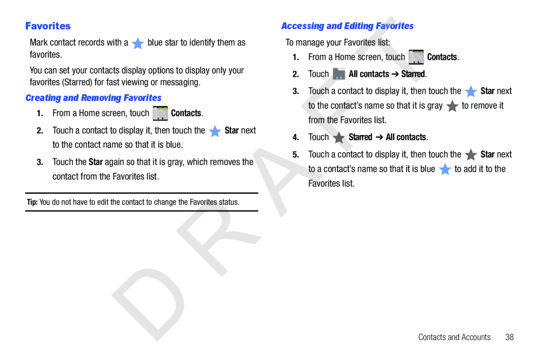 Samsung 10.1 user manual Creating and Removing Favorites, Accessing and Editing Favorites, Touch All contacts Starred 