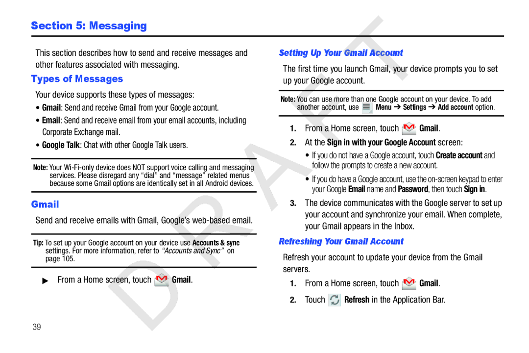 Samsung 10.1 user manual Messaging, Types of Messages, Setting Up Your Gmail Account, Refreshing Your Gmail Account 