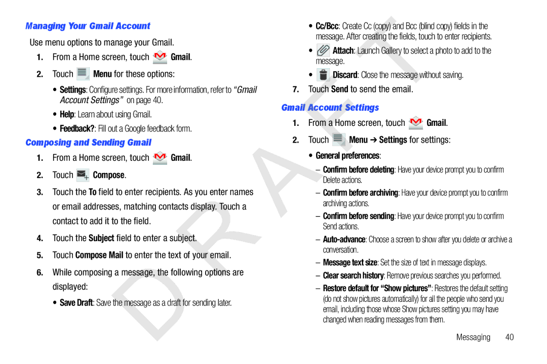 Samsung 10.1 user manual Managing Your Gmail Account, Composing and Sending Gmail, Touch Compose, Gmail Account Settings 