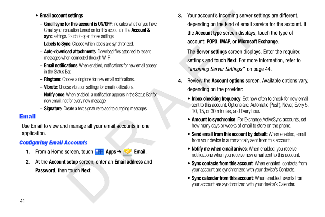 Samsung 10.1 Gmail account settings, Configuring Email Accounts, Labels to Sync Choose which labels are synchronized 