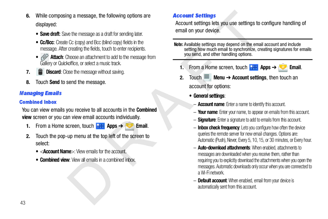 Samsung 10.1 Managing Emails, Account Settings, Combined Inbox, Combined view View all emails in a combined inbox 