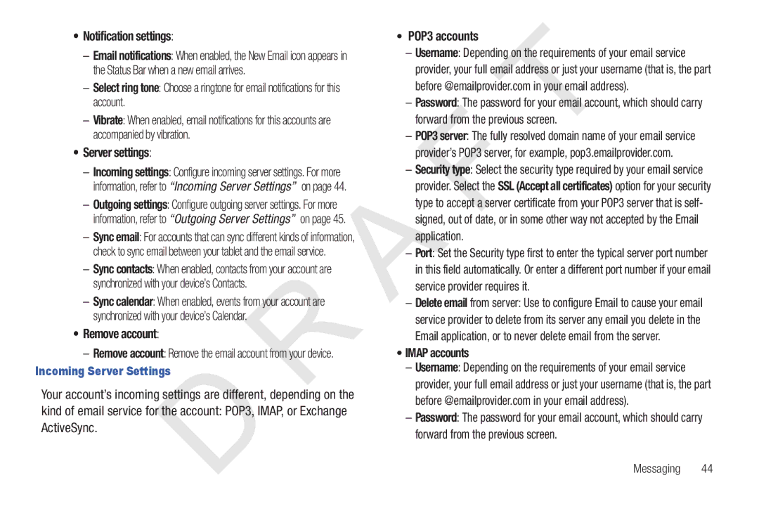 Samsung 10.1 user manual Notification settings, Server settings, Remove account, POP3 accounts, Imap accounts 