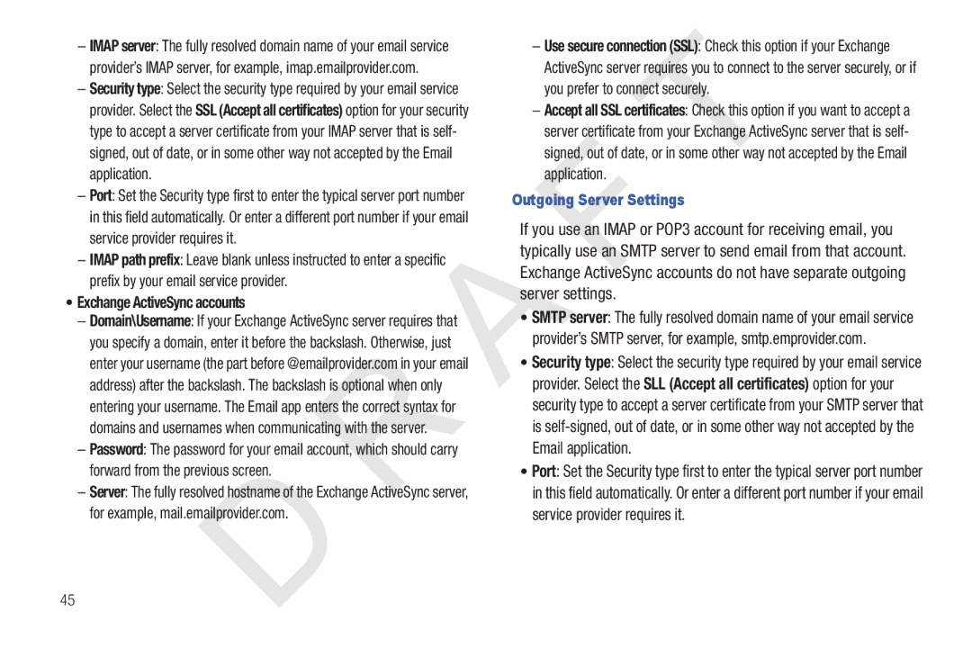 Samsung 10.1 user manual Exchange ActiveSync accounts, Outgoing Server Settings 