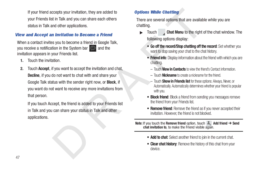 Samsung 10.1 user manual View and Accept an Invitation to Become a Friend, Touch the invitation, Options While Chatting 