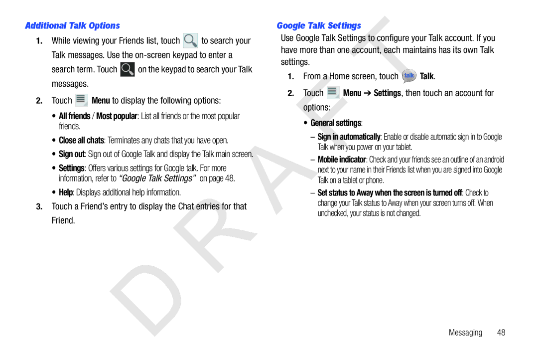 Samsung 10.1 user manual Additional Talk Options, Google Talk Settings, From, Alk 