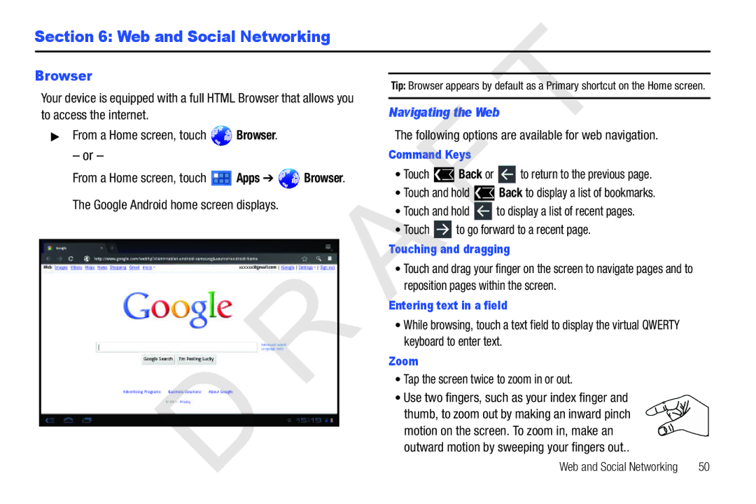 Samsung 10.1 user manual Web and Social Networking, Browser, Google Android home screen displays, Navigating the Web 